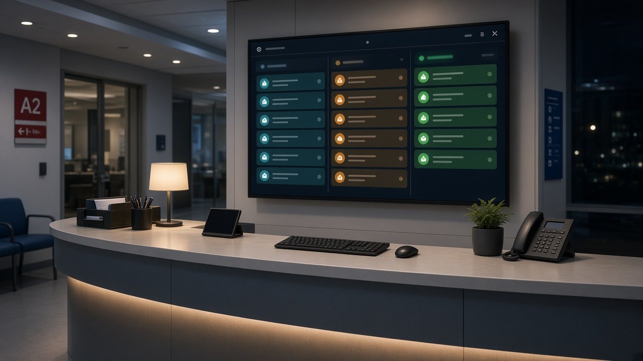 Color-coded patient flow board at the reception desk.