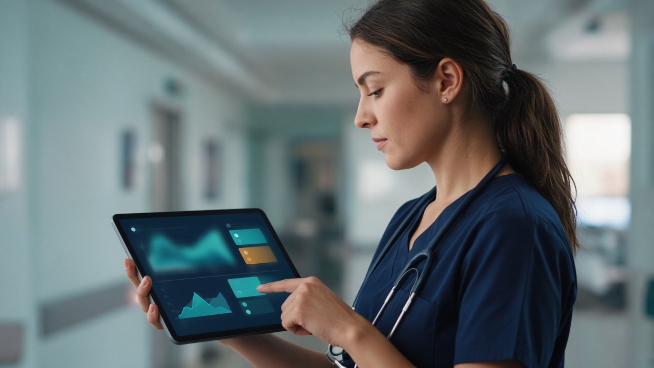 A nurse updating patient status from a hallway tablet.