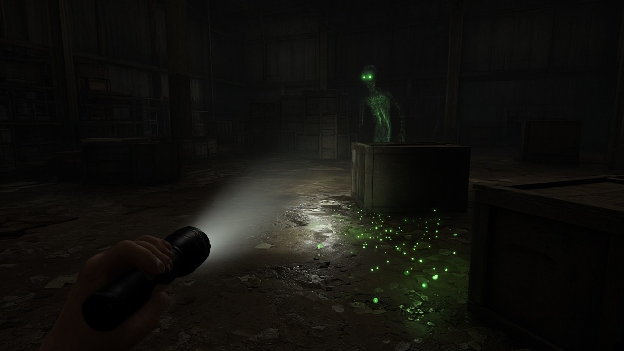 First-person hunt through a dark hangar, flashlight on a hiding alien.