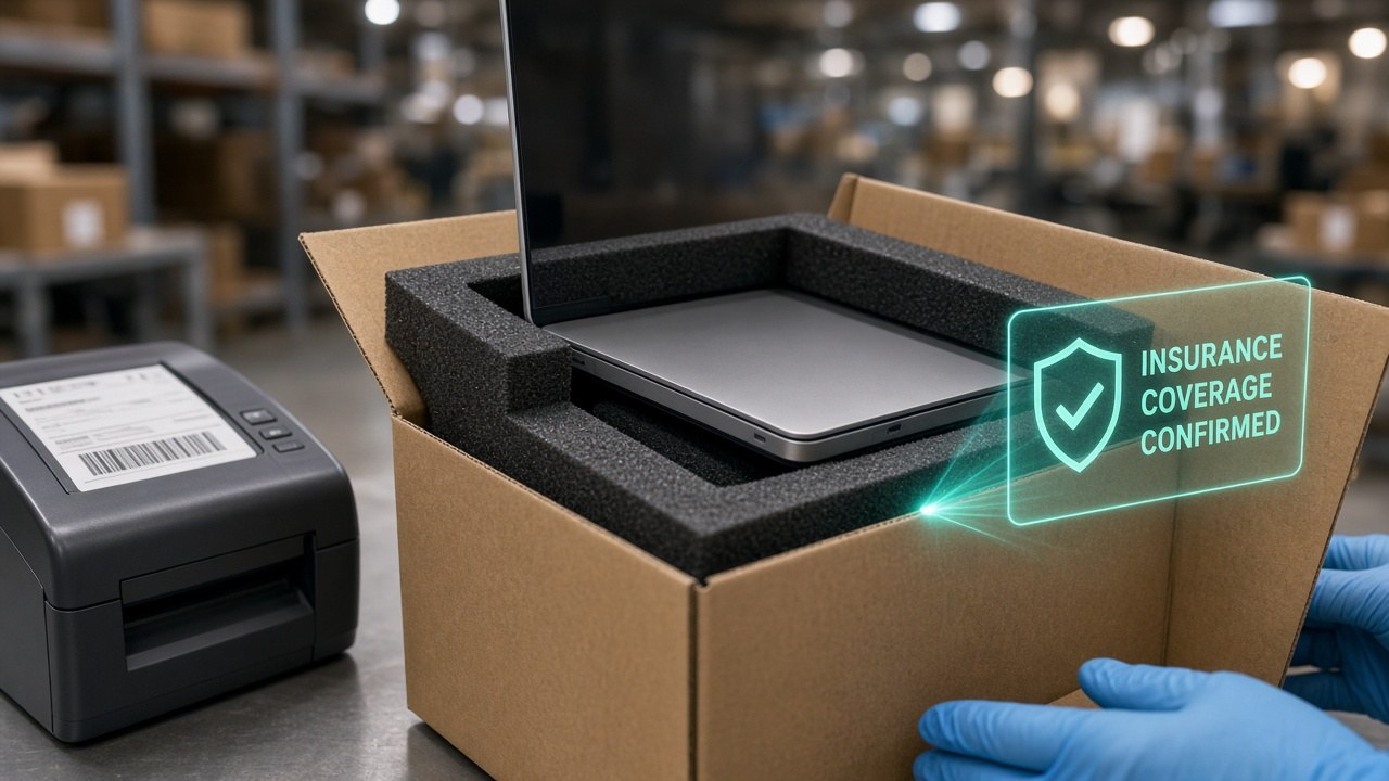 A packed laptop carton getting an insurance filing as it leaves the dock.