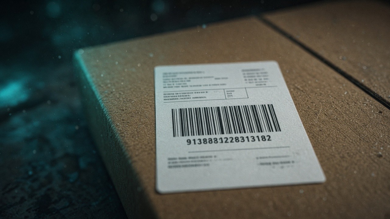 Shipping label and barcode on cardboard