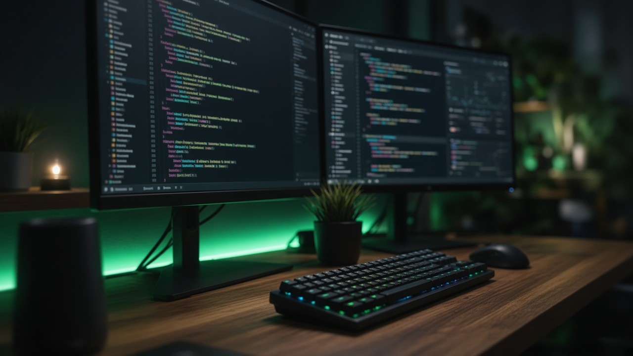 Developer workstation with dual monitors